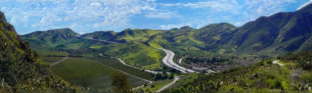 Aerial Panoramic 101 Ventura Highway in Southern California winding through green hills and valleys from Thousand Oaks to Northern California Best Motorcycle Rides in the San Francisco Bay Area - Part 2