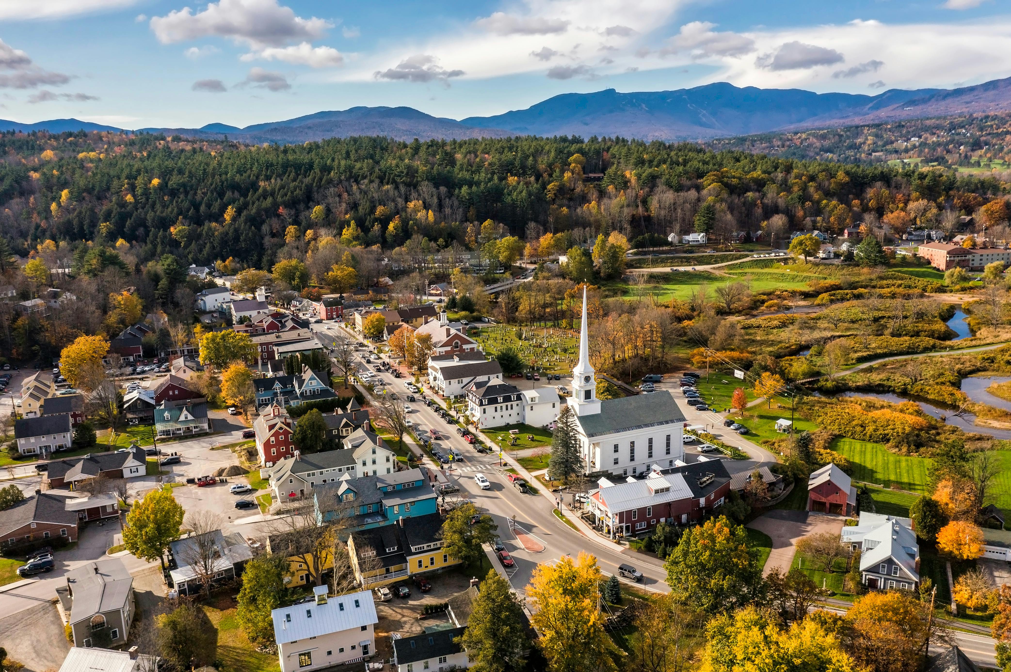 best places to go in october; aerial view of store vermont