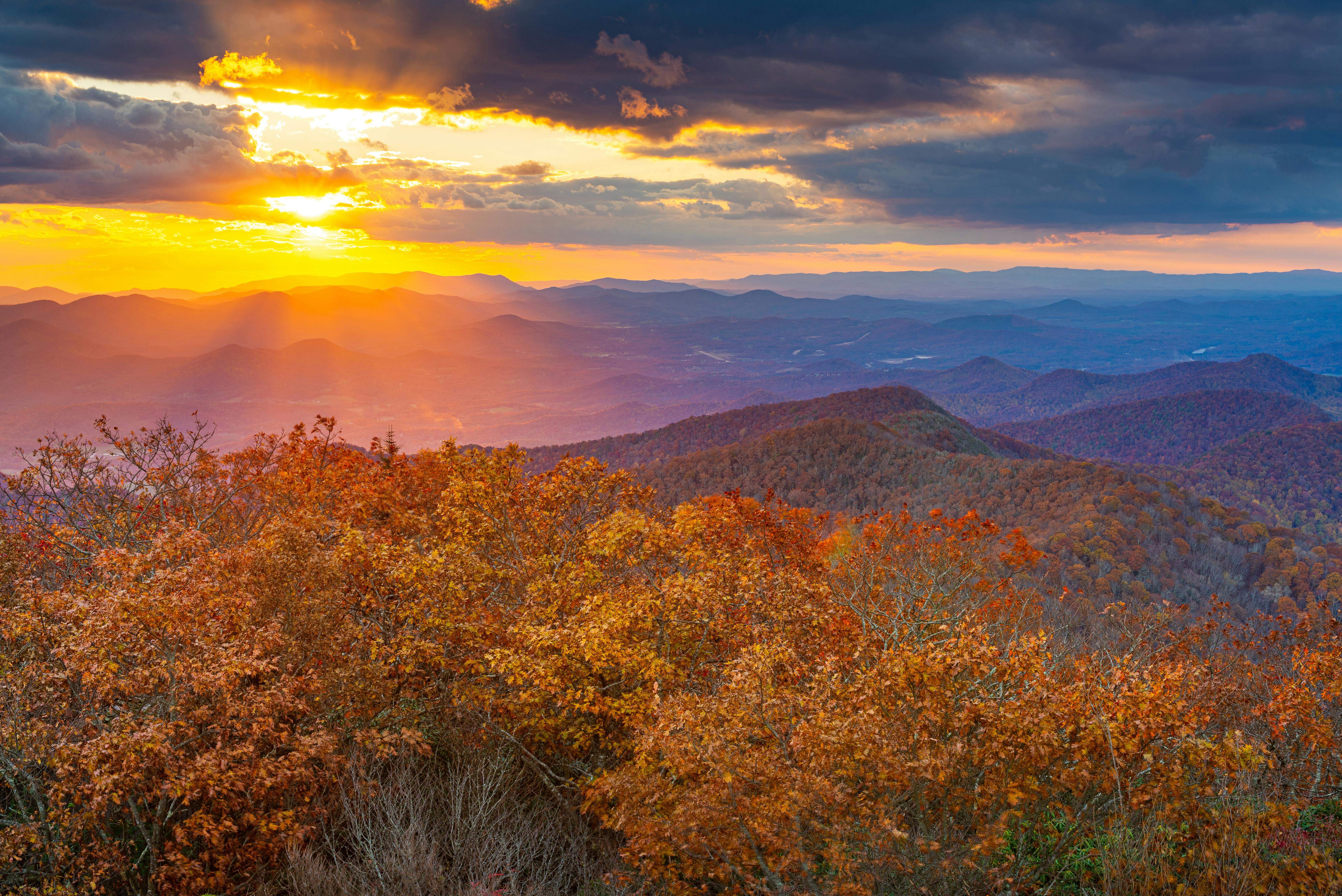 georgia blue ridge mountains at sunset, view of one of the best places to go in us in october