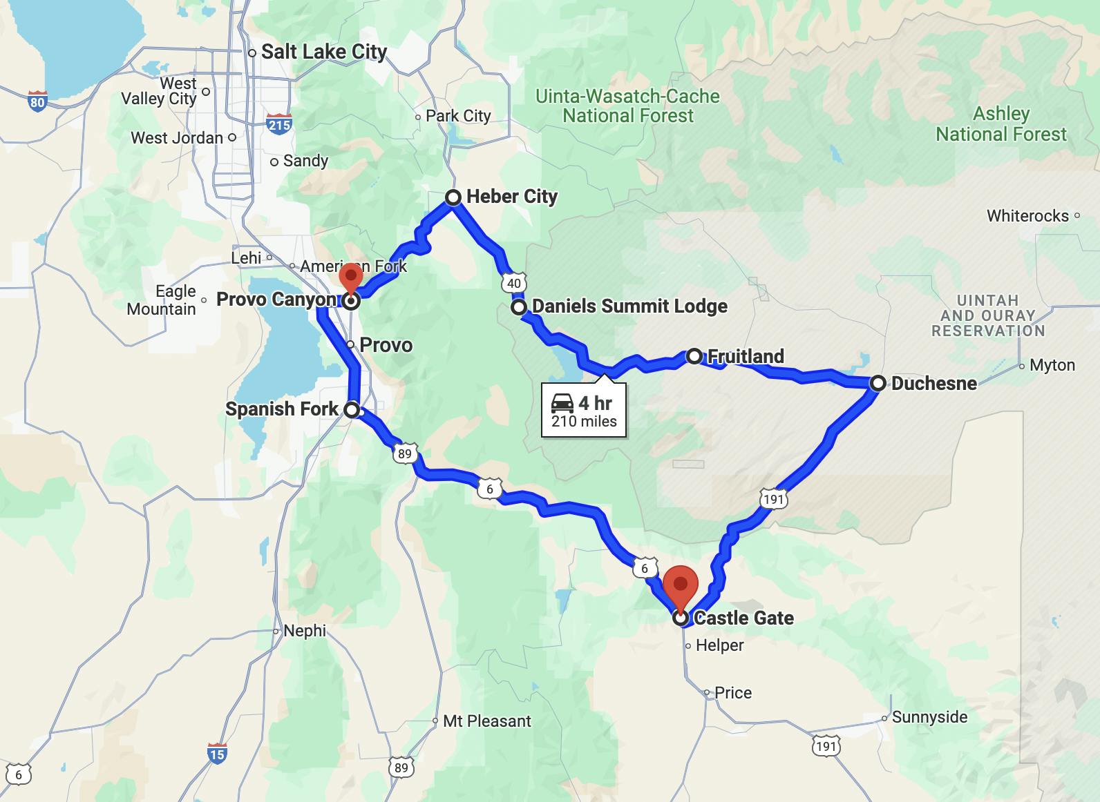 map image of motorcycle ride in salt lake city - Provo Canyon Loop