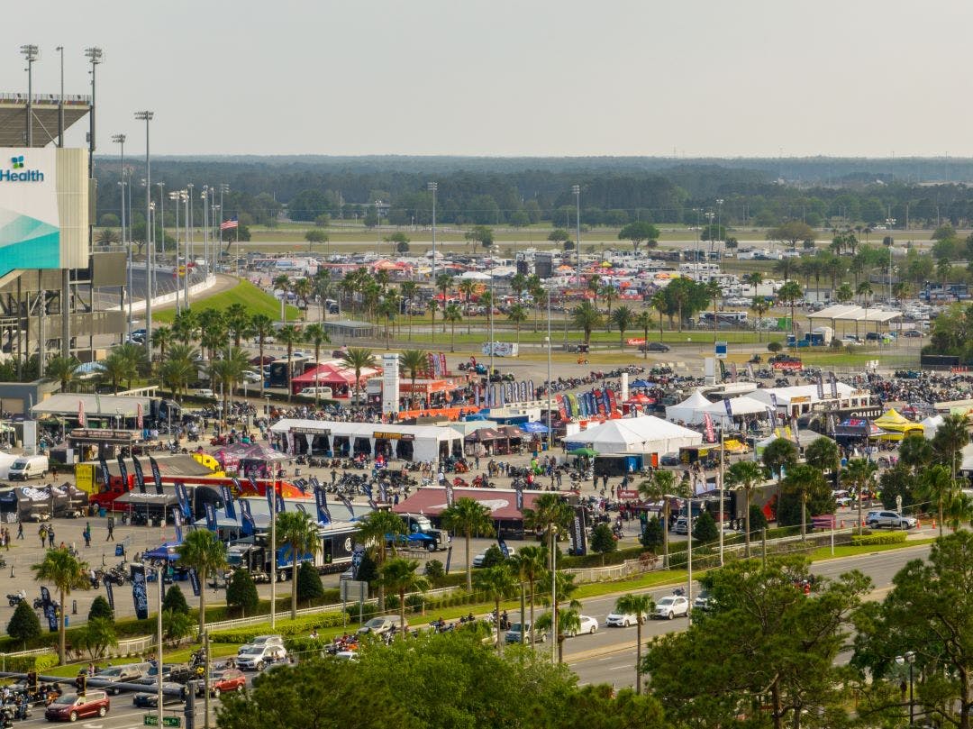 Aerial photo of Daytona International Speedway demo events during bike week List of Daytona Beach Motorcycle Events & Festivals