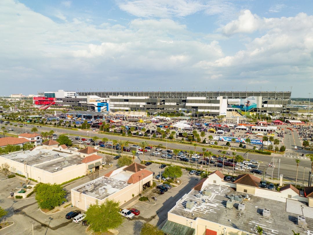 Aerial photo of Daytona International Speedway demo events during bike week Why You Should Plan a Trip for 2025 Daytona Bike Week Now