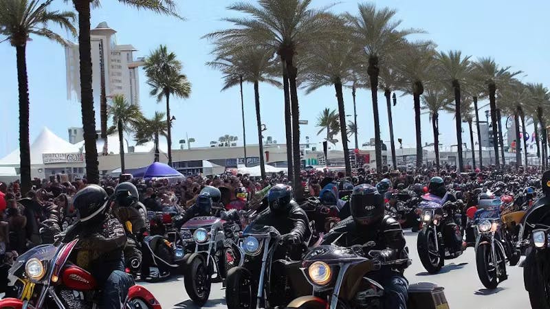 image of riders at Daytona Bike Week - learn all you want to know about Daytona Bike Week with Riders Share, a peer-to-peer motorcycle rental company