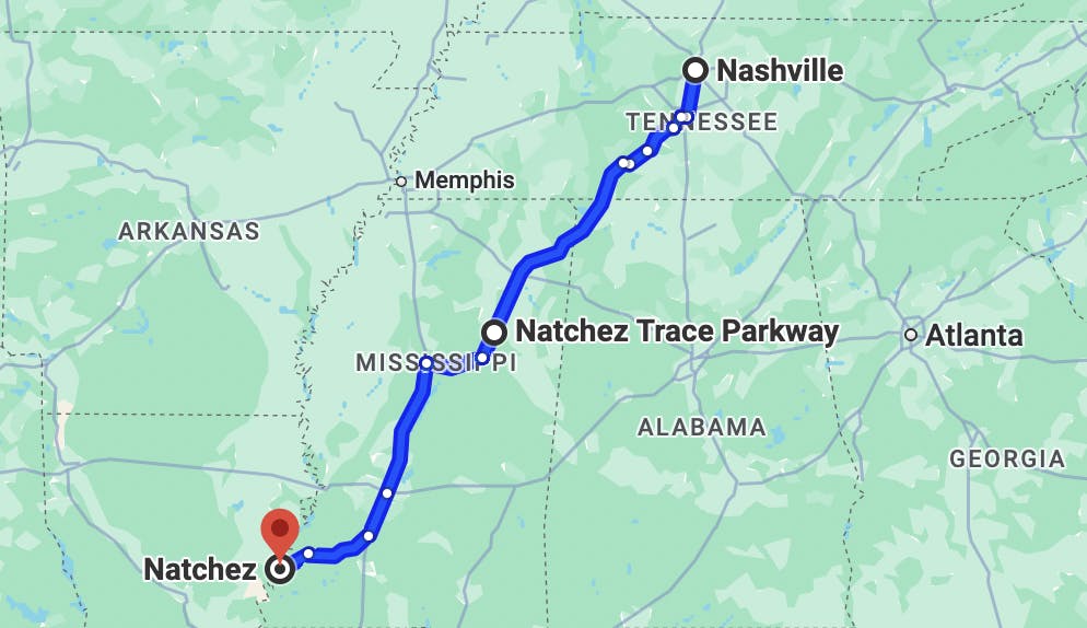 map image of motorcycle rides near Nashville, TN - natchez trace parkway