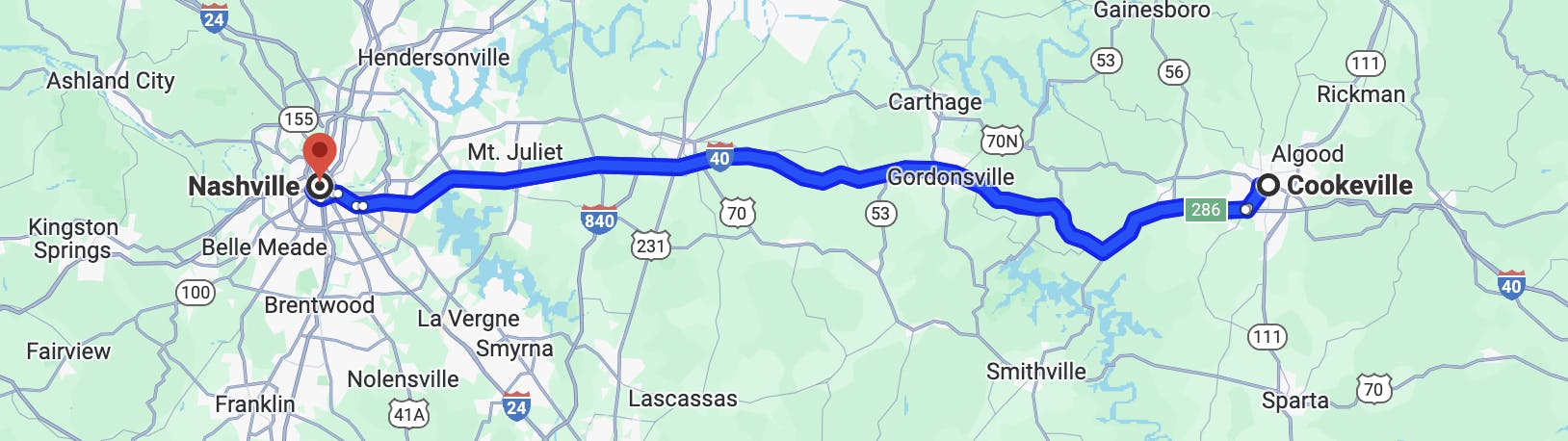 map image of motorcycle rides near Nashville, TN - cumberland plateau tour