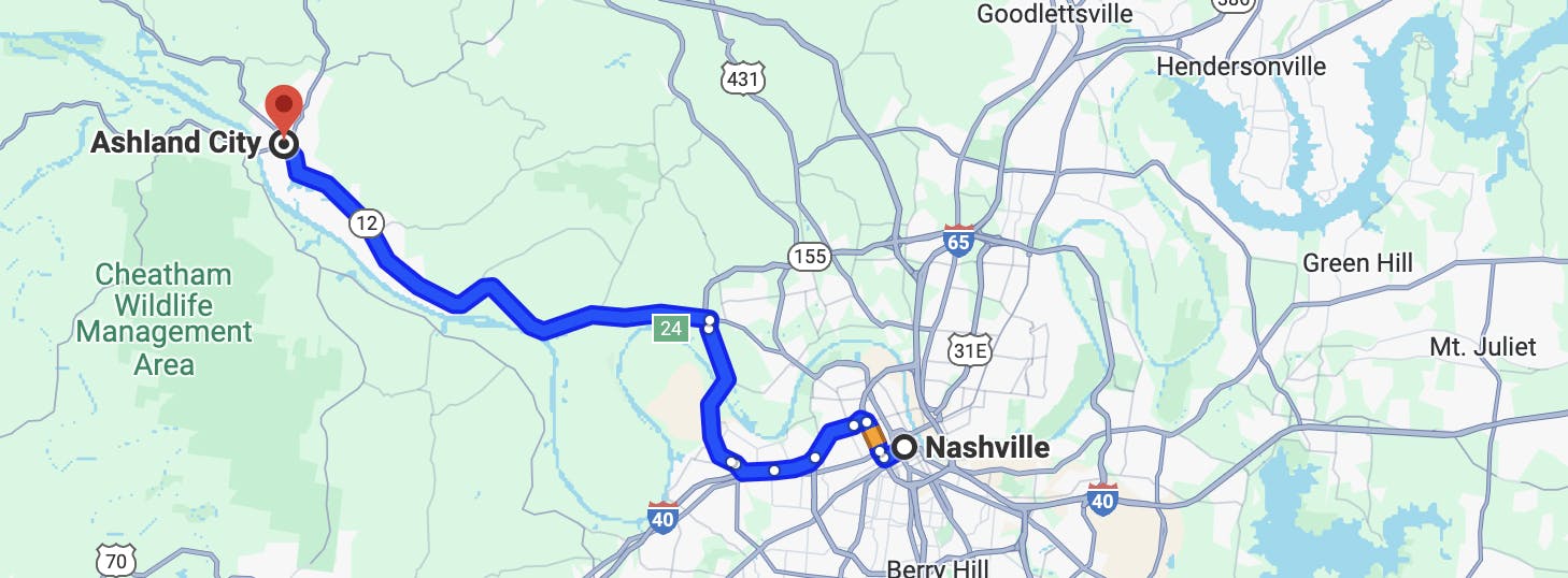 map image of motorcycle rides near Nashville, TN - north nashville to ashland city