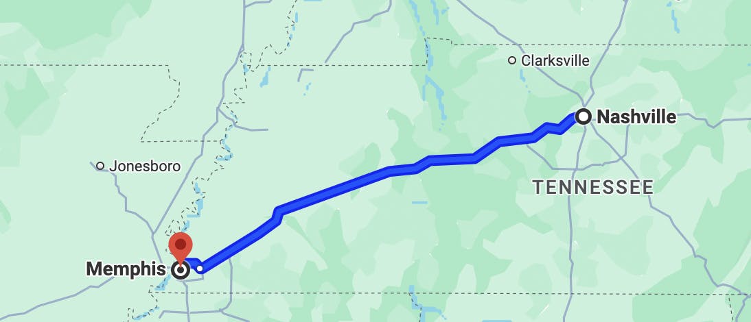 map image of motorcycle rides near Nashville, TN - music highway (nashville to memphis)