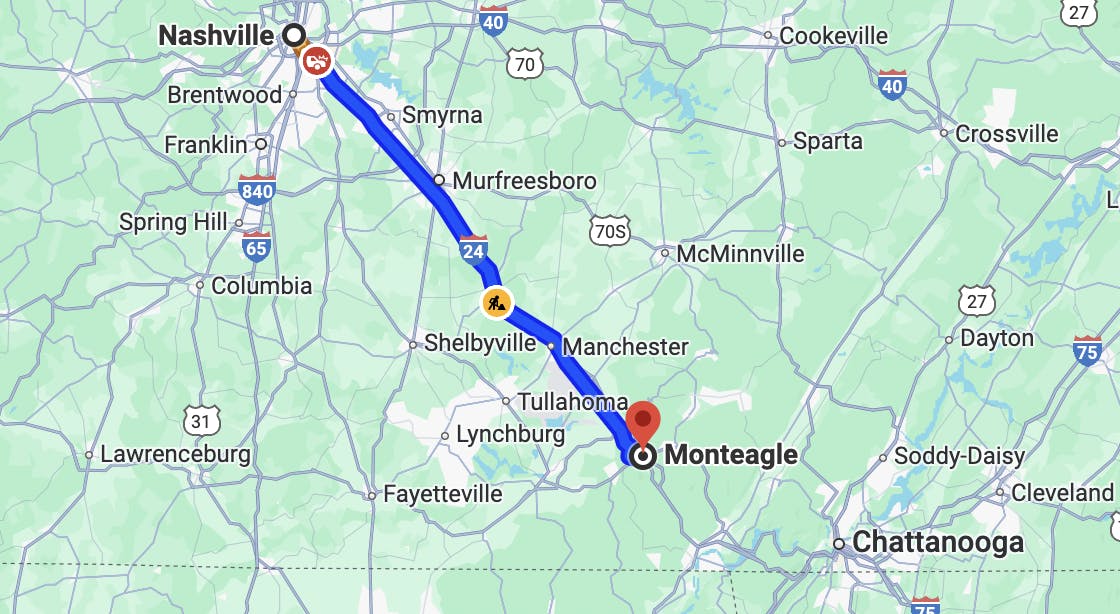 map image of motorcycle rides near Nashville, TN - monteagle mountain run