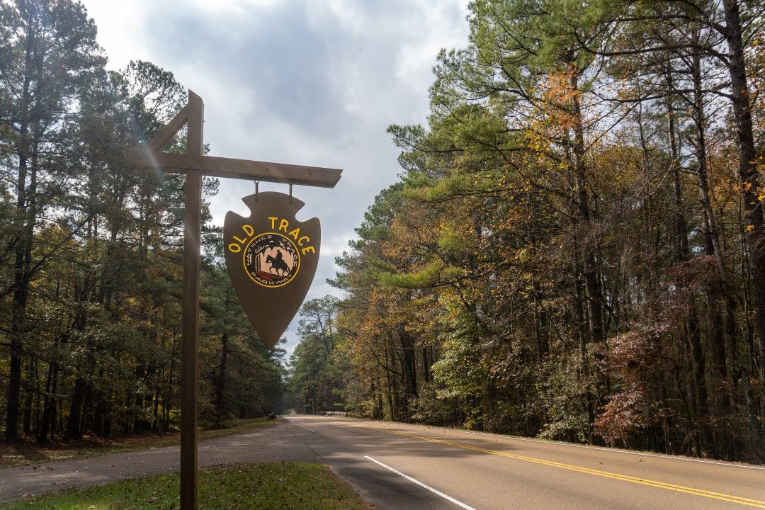 Old Trace on the Natchez Trace parkway. Arrowhead logo sign for trail created and used by Native Americans for centuries, later used by early European and American explorers 10 Most Memorable Self-Guided Motorcycle Tours in the USA