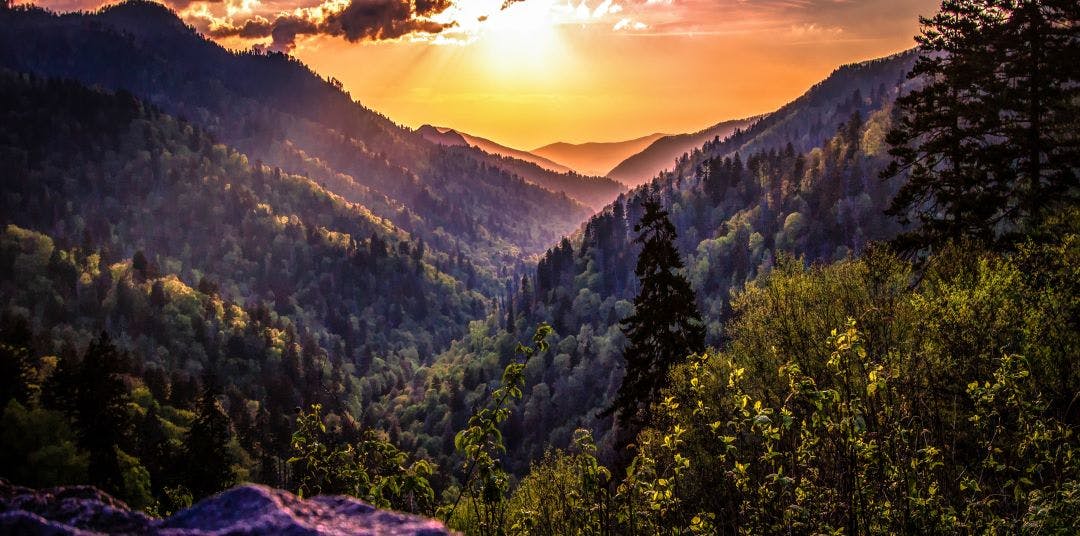 Great Smoky Mountain Sunset Landscape Panorama. Sunset horizon over the Great Smoky Mountains from Morton overlook on the Newfound Gap Road in Gatlinburg, Tennessee The 10 Top Motorcycle Rides in Tennessee + Maps