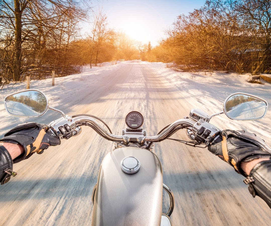 Biker First-person view. Winter slippery road Riding a Motorcycle in the Winter: Can You? Should You?