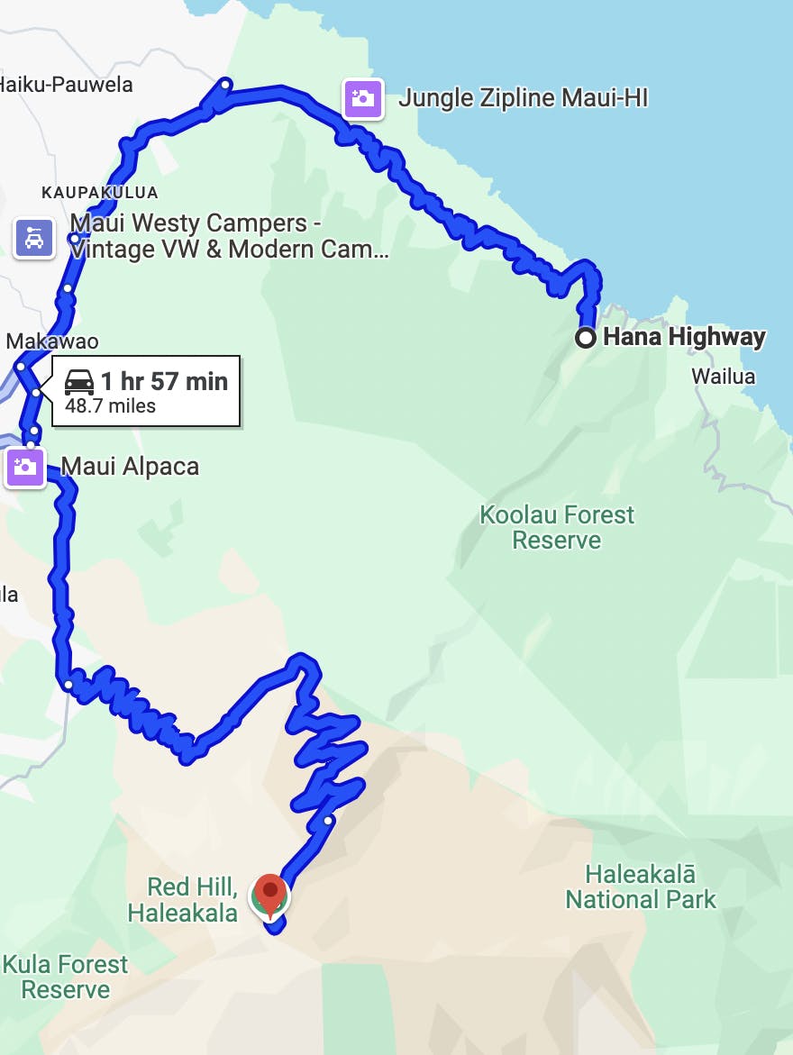 map image of haleakala summit motorcycle route - best motorcycle rides in maui