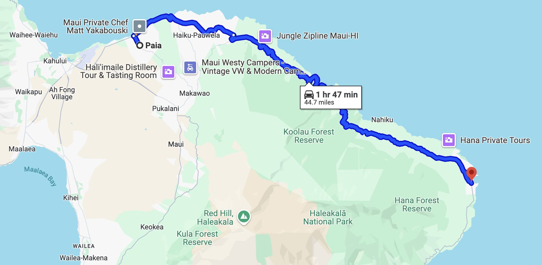 map image of hana highway motorcycle route - best motorcycle rides in maui