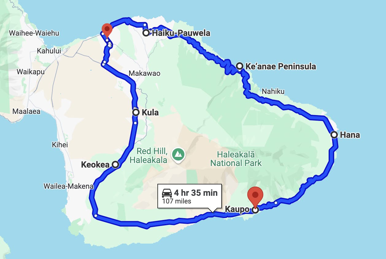 map image of maui loop motorcycle route - best motorcycle rides in maui