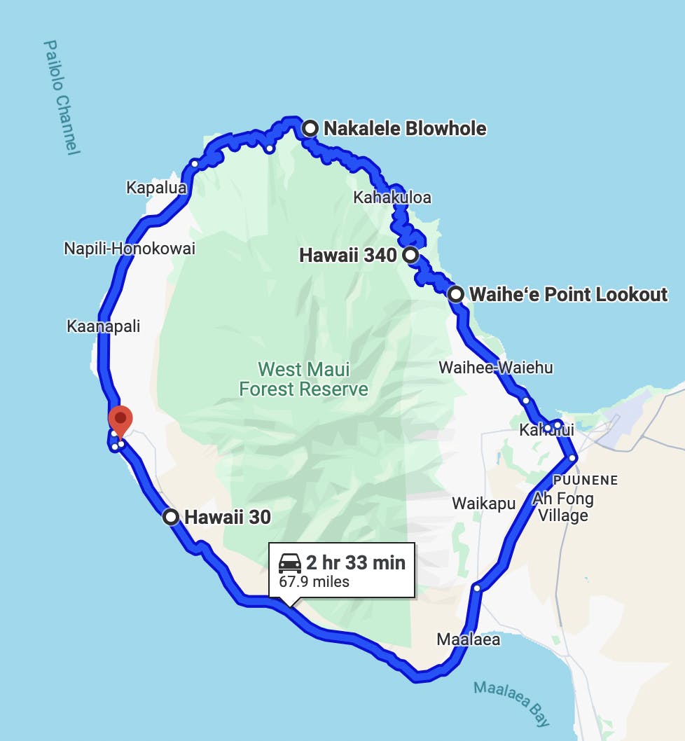 map image of west maui loop motorcycle route - best motorcycle rides in maui