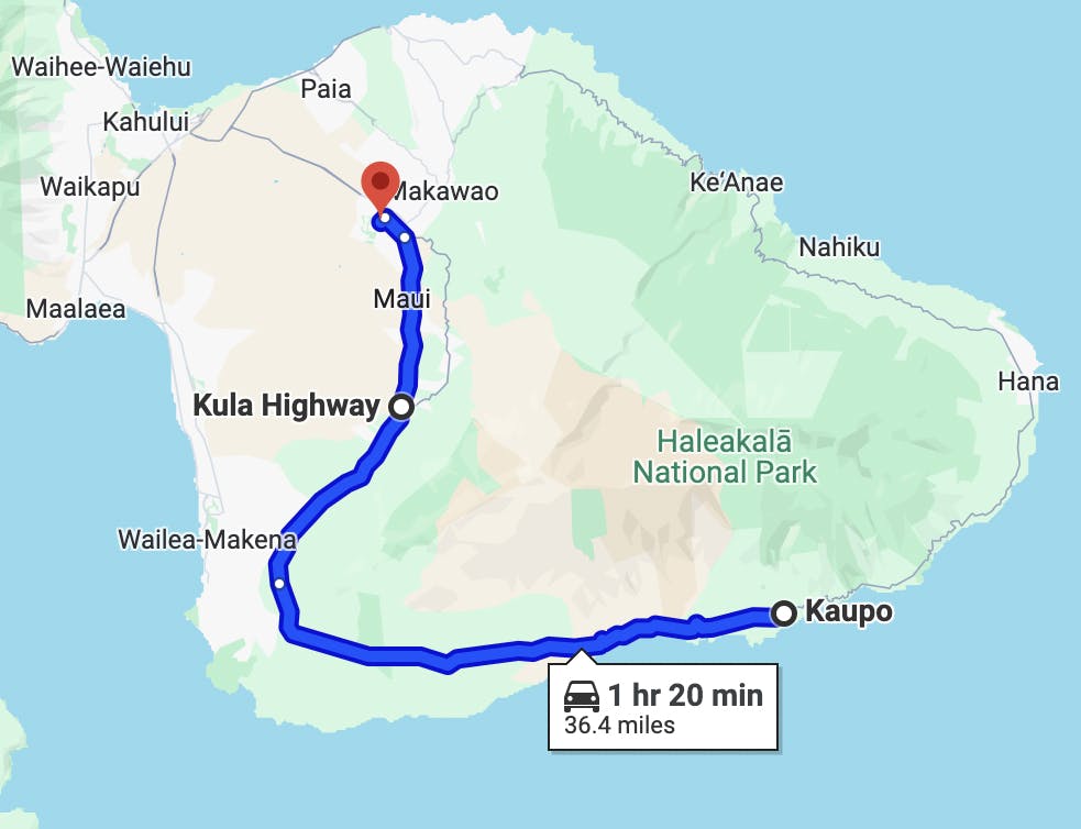 map image of kula 'up-country' motorcycle route - best motorcycle rides in maui