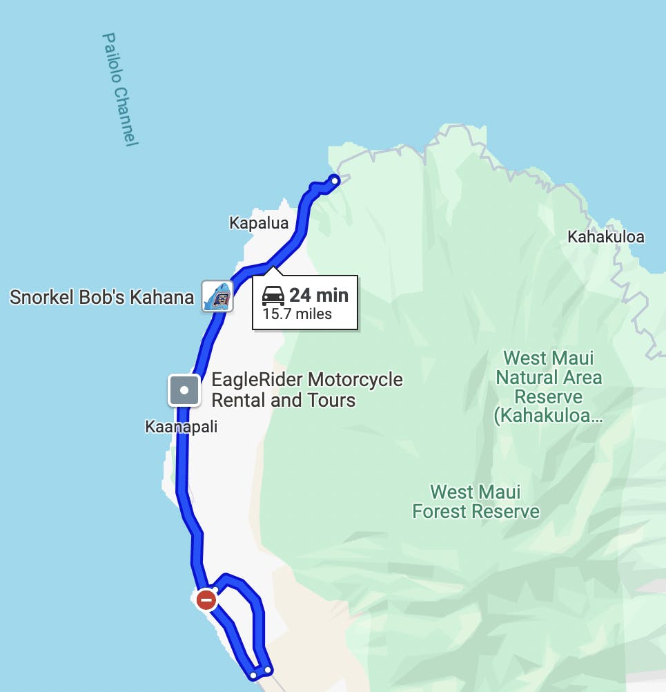 map image of honolua bay and beyond motorcycle route - best motorcycle rides in maui