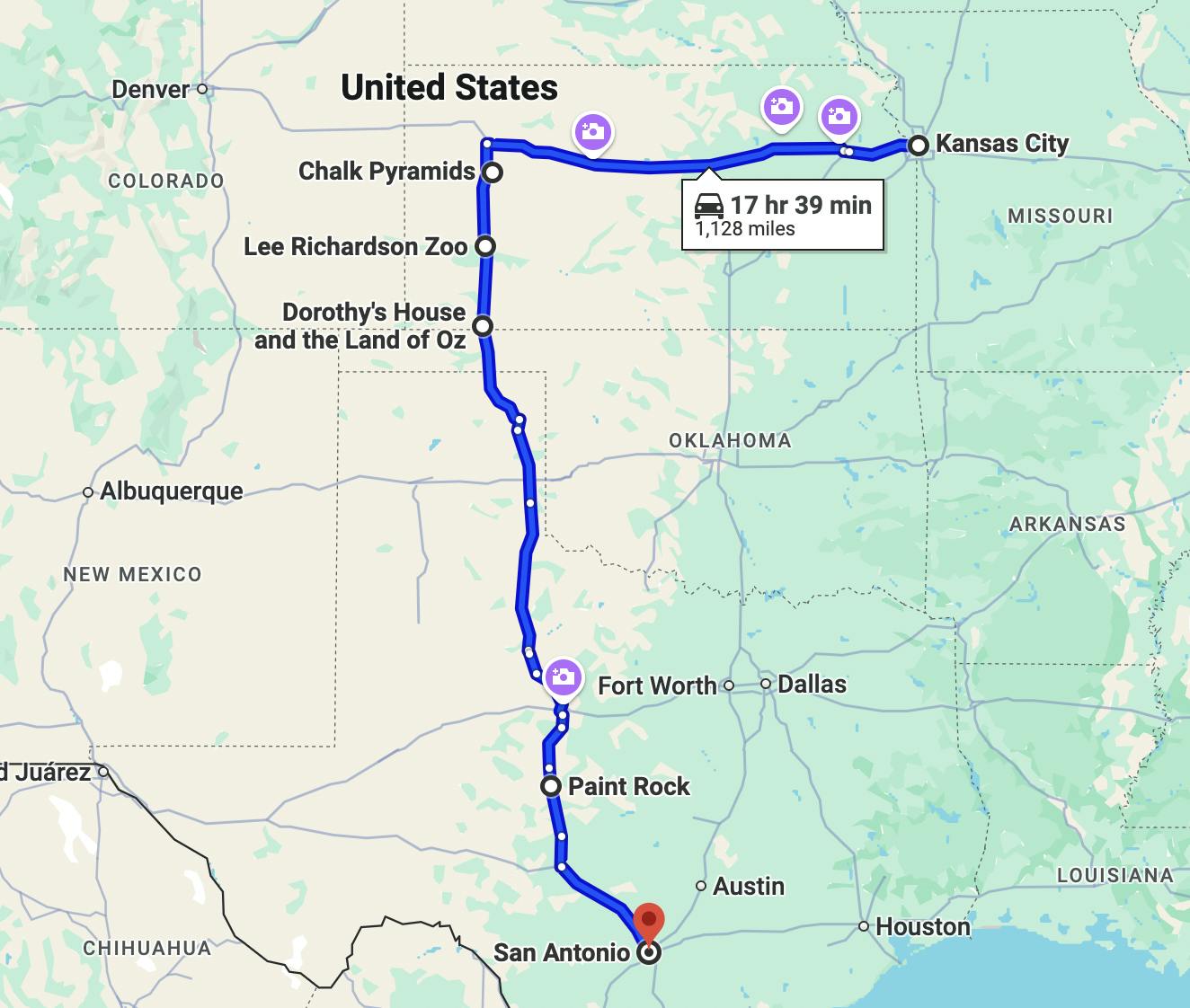 map image of route from kansas city to san antonio via the road to nowhere