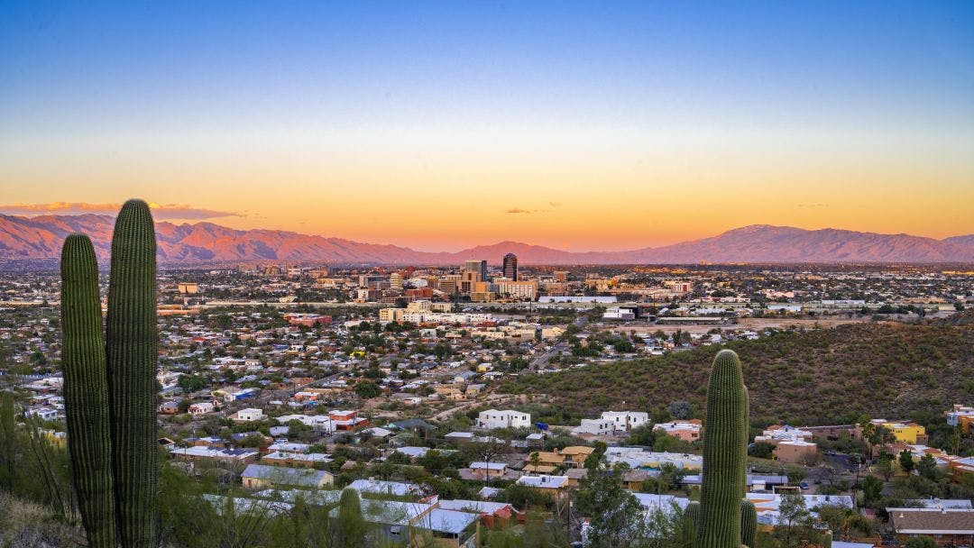 Wide angle photograph of Tucson, Arizona as viewed from A Mountain Is Tucson, Arizona Motorcycle Friendly