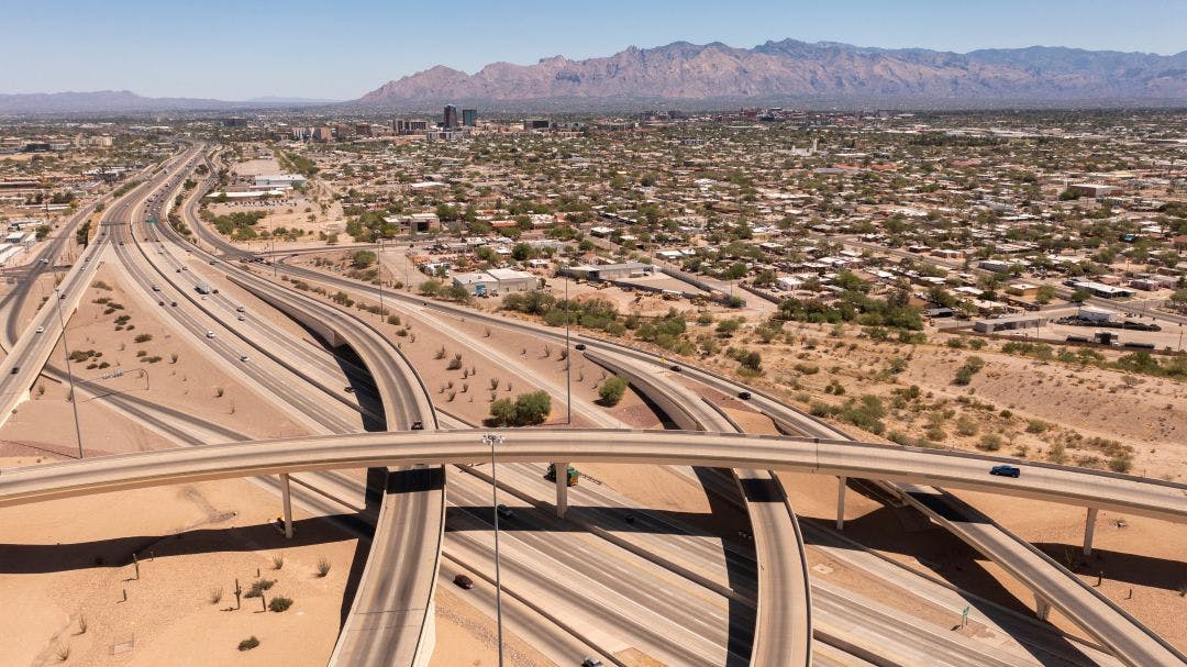 Daytime aerial view of the 10 and 19 freeway interchange in south Tucson, Arizona, USA Is Tucson, Arizona Motorcycle Friendly