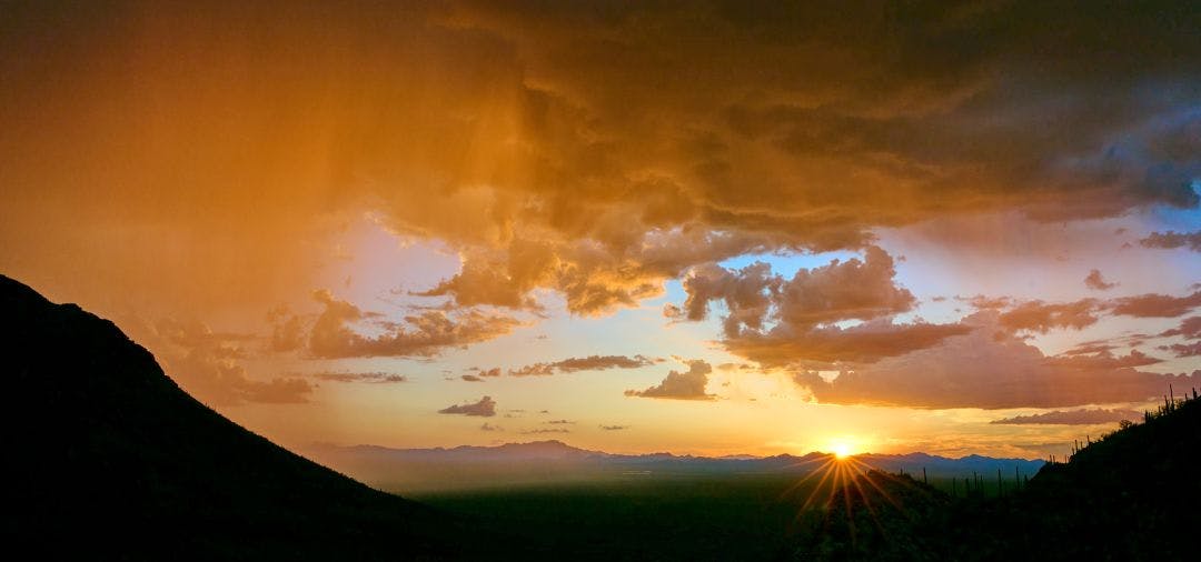 Monsoon Sunset at Gates Pass Saguaro Silhouettes and Sunstar Motorcycle Route To Gates Pass from Tucson