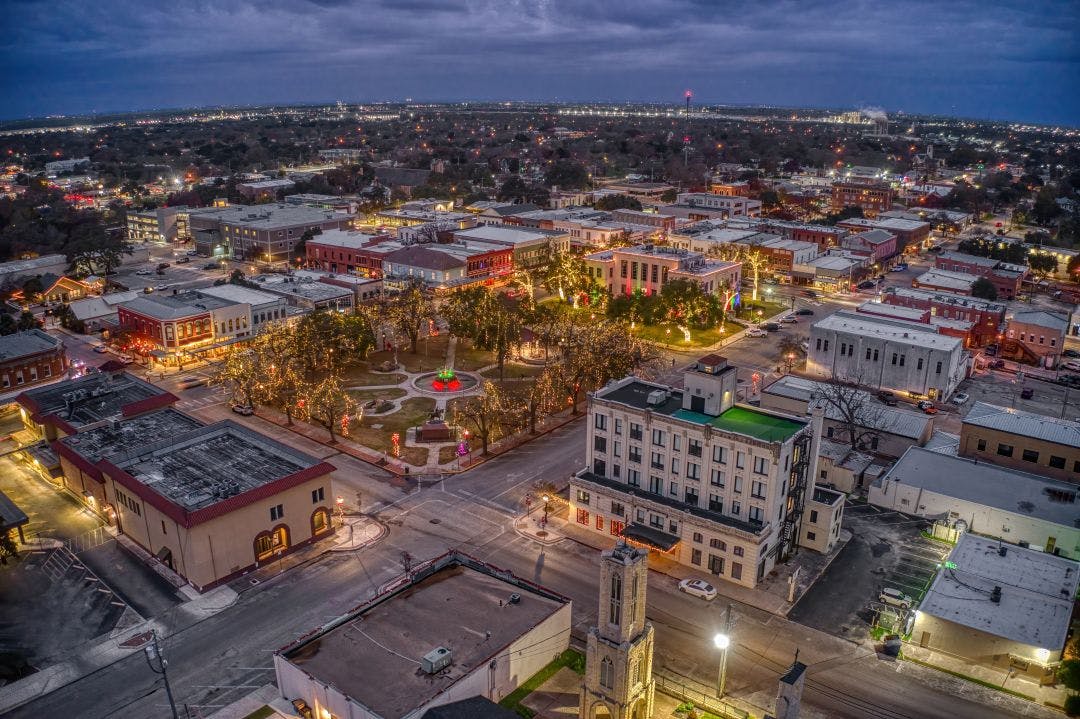 Aerial View of Seguin, Texas at Dusk during the Winter Holiday Season Best 15 Day Trips from San Antonio, Texas