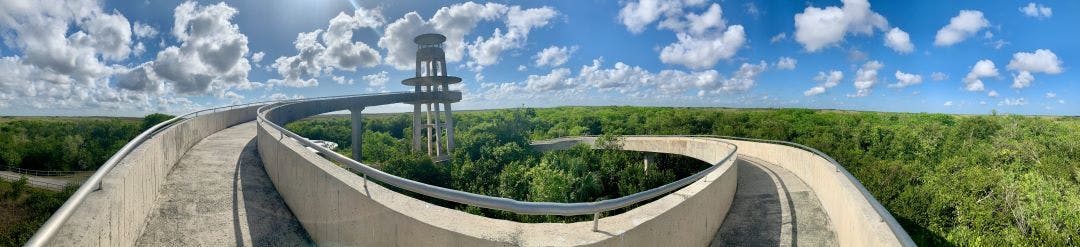 panoramic picture of shark valley observation tower everglades in florida best photo stops on motorcycle ride