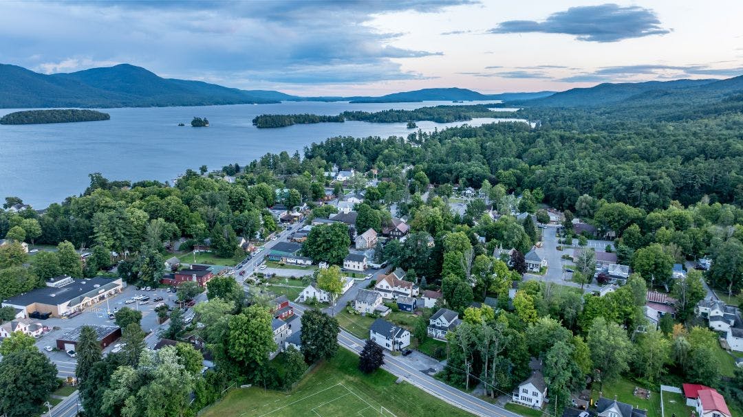 Sunny afternoon summer aerial image of the area surrounding Bolton Landing, NY, USA and Lake George Americade 2025 Dates & Info | Lake George Motorcycle Rally