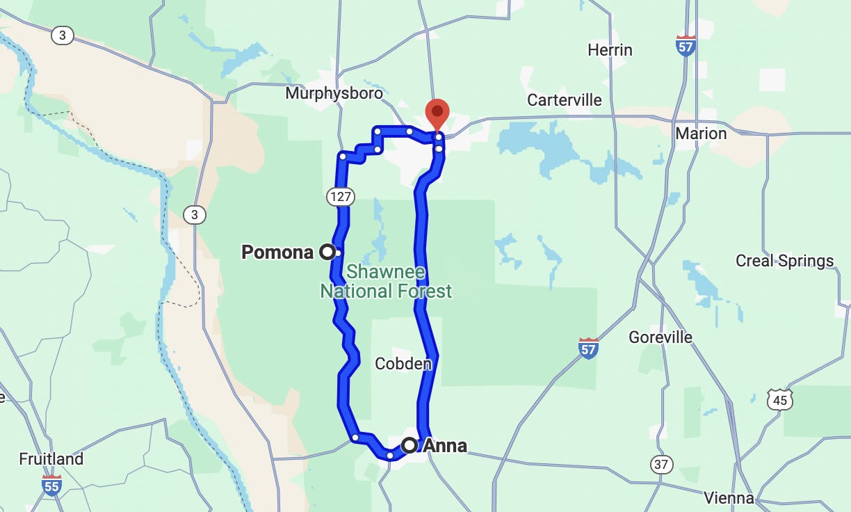 map image of motorcycle routes in illinois - Shawnee National Forest Loop