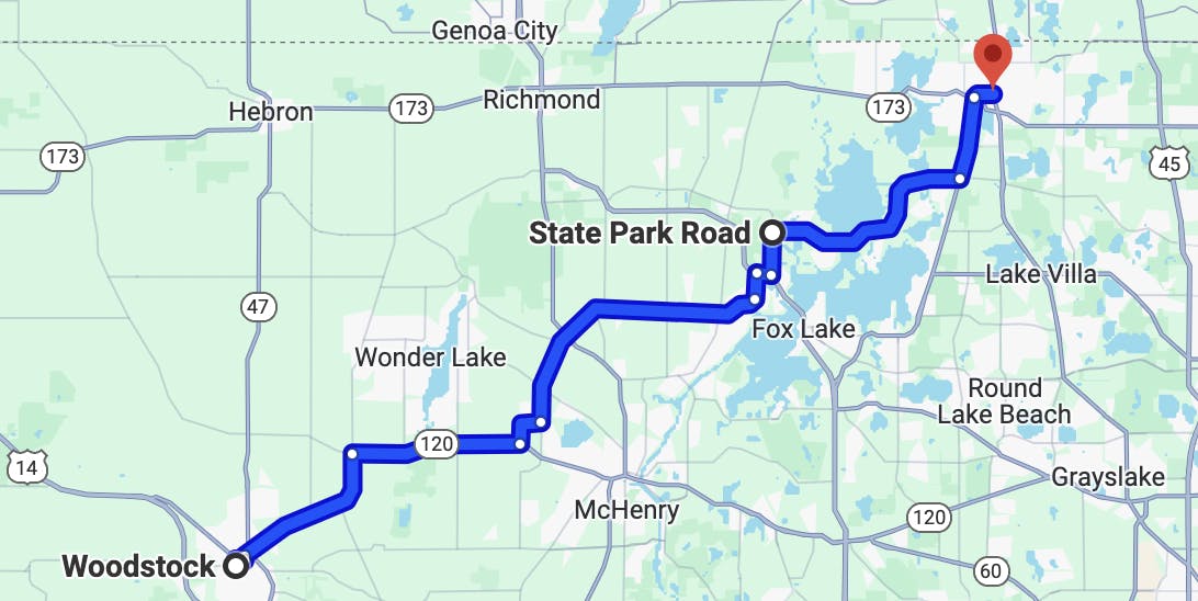 map image of motorcycle routes in illinois - Kettle Moraine to Chain O'Lakes