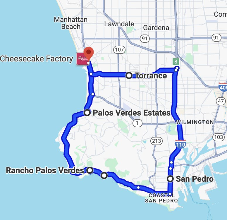 map image of los angeles motorcycle rides - Palos Verdes Peninsula Loop