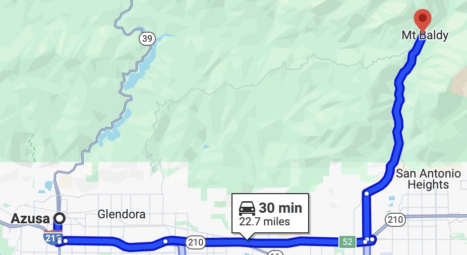 map image of los angeles motorcycle rides - Foothill FWY to Mt. Baldy