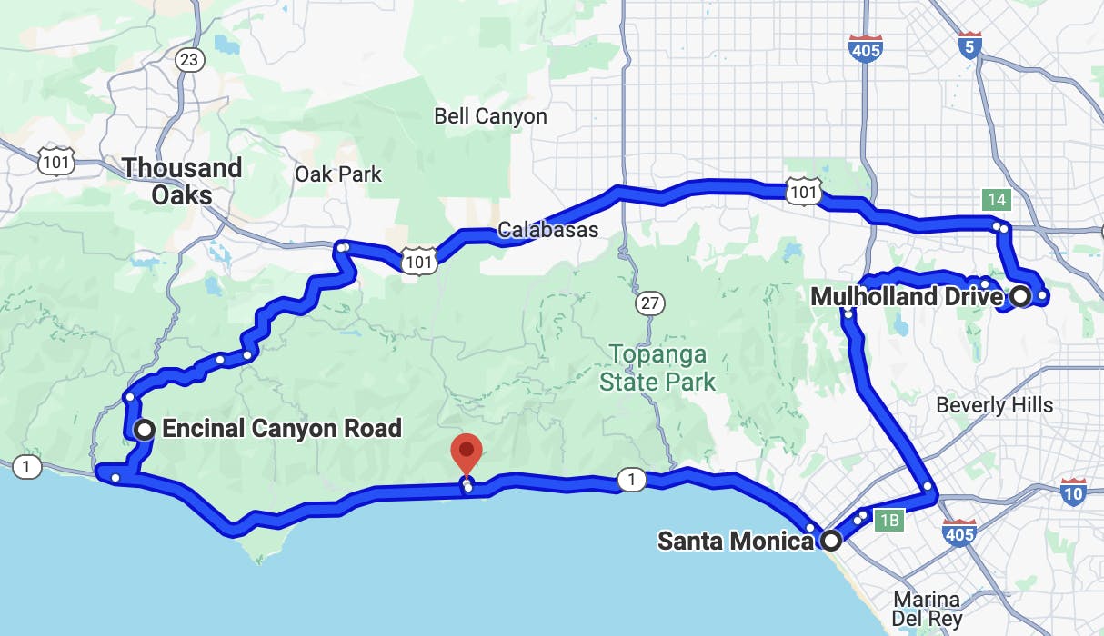 map image of los angeles motorcycle rides - M&M: Malibu to Mulholland Drive Loop