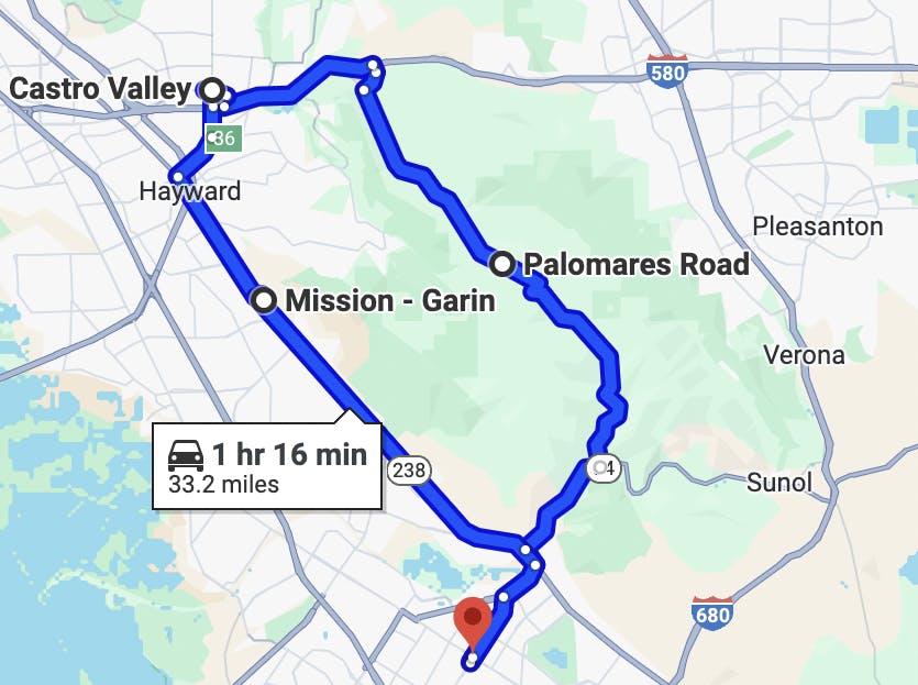 san jose motorcycle tours - Palomares Road to Castro Valley