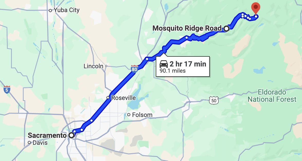 map image of sacramento motorcycle routes - Mosquito Ridge Road
