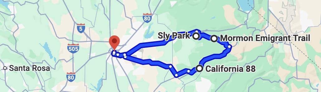 map image of sacramento motorcycle routes - Mormon Emigrant Trail Ride