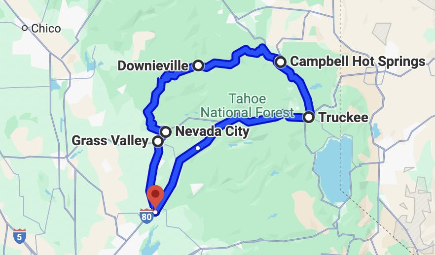 map image of sacramento motorcycle routes - Highway 49 Loop: The Golden Chain Highway
