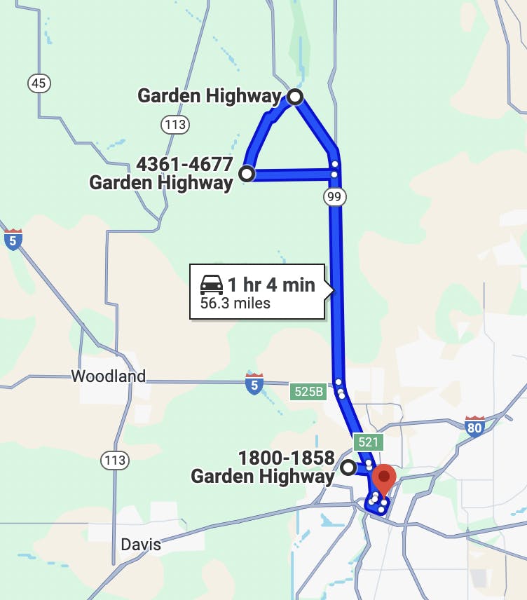 map image of sacramento motorcycle routes - Garden Highway Loop