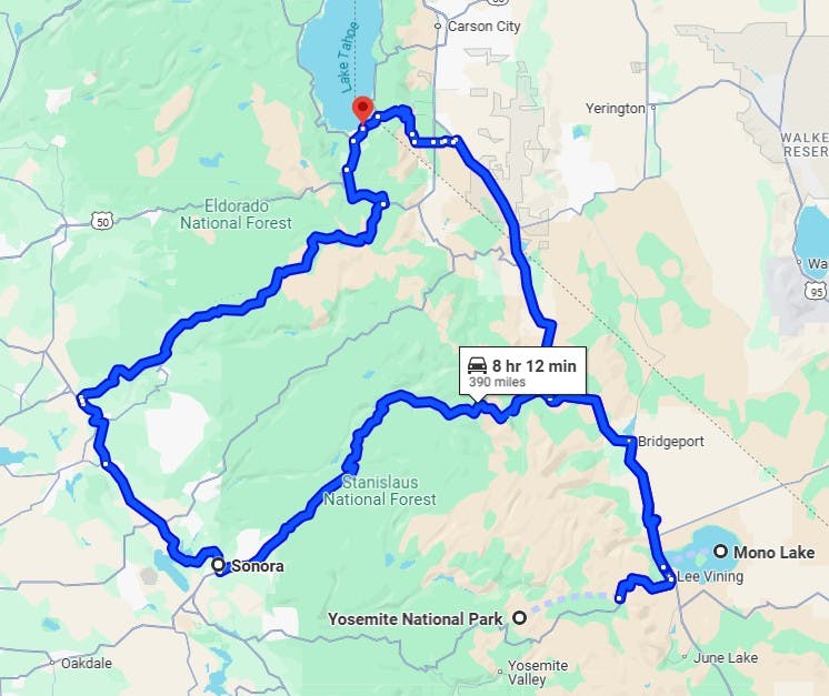 map route sierra nevada loop south lake tahoe ca Best West Coast Motorcycle Trips – Ultimate Itineraries