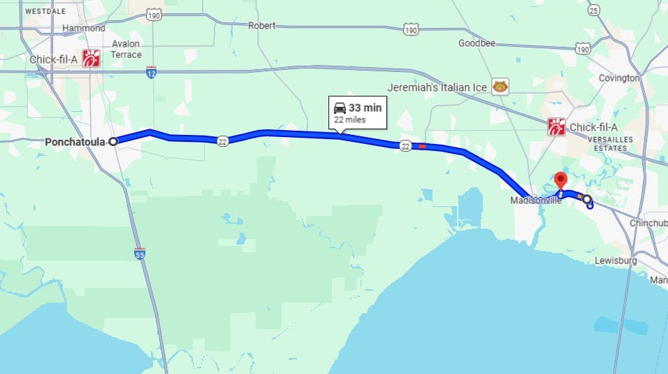 LA-22 map Top 5 Scenic Motorcycle Roads in Louisiana
