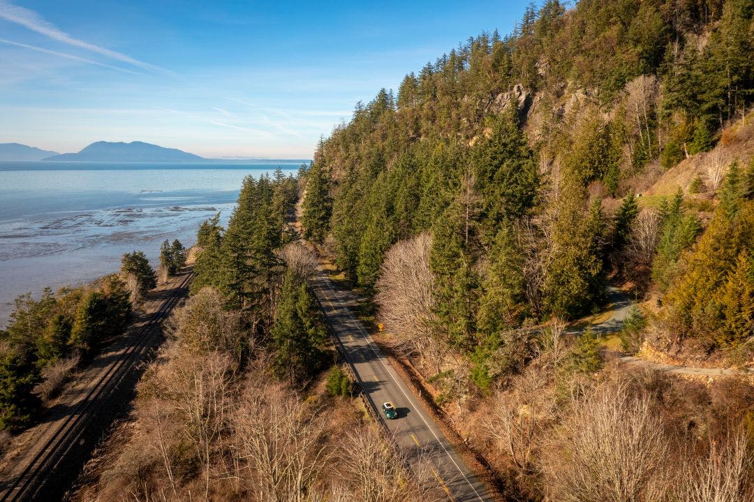 Aerial View of the Historic Chuckanut Drive and is Washington State's Original Scenic Byway Top Motorcycle Routes in the USA for Scenic Coastal Views