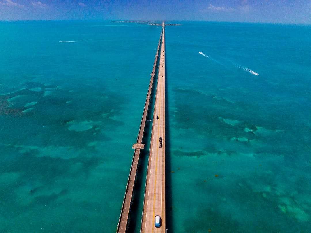 Aerial view of US Route 1 Overseas Highway to Key West Florida Top Motorcycle Routes in the USA for Scenic Coastal Views