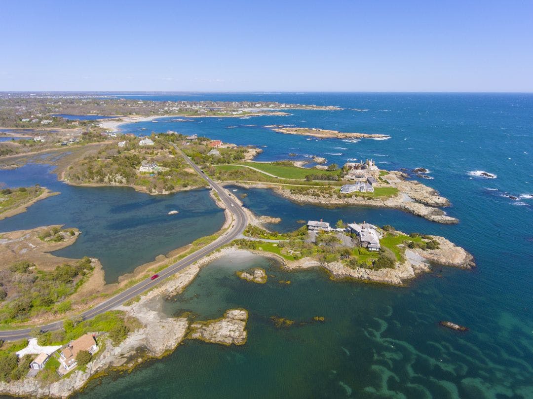 Aerial view of Mansions at Ocean Drive Historic District near Goose Neck in city of Newport, Rhode Island RI, USA Top Motorcycle Routes in the USA for Scenic Coastal Views