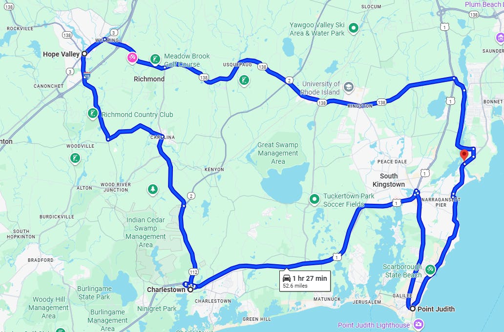map route South County Coastal Loop, Rhode Island Best Motorcycle Routes & Rides in New England