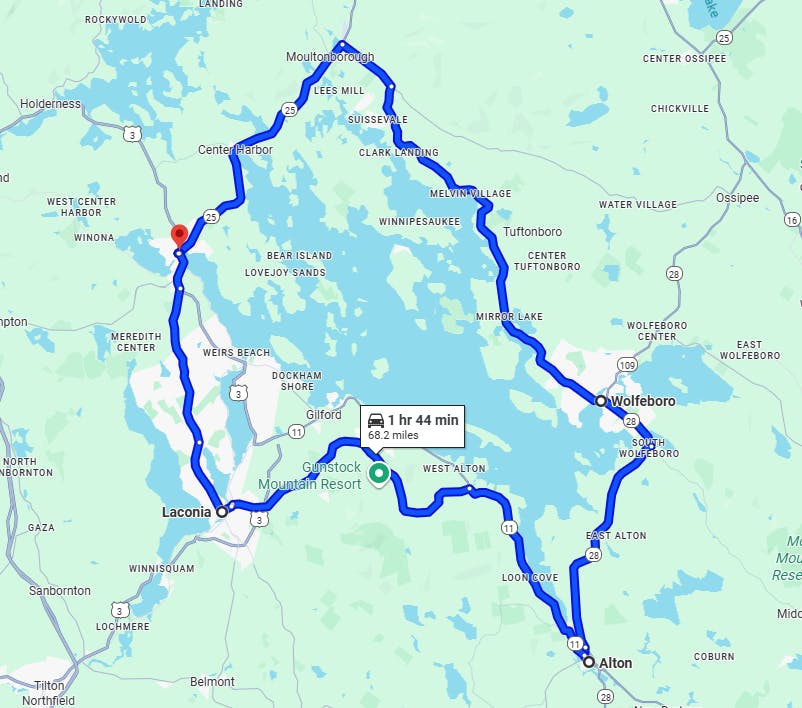 map route Lakes Region Scenic Loop, New Hampshire Best Motorcycle Routes & Rides in New England
