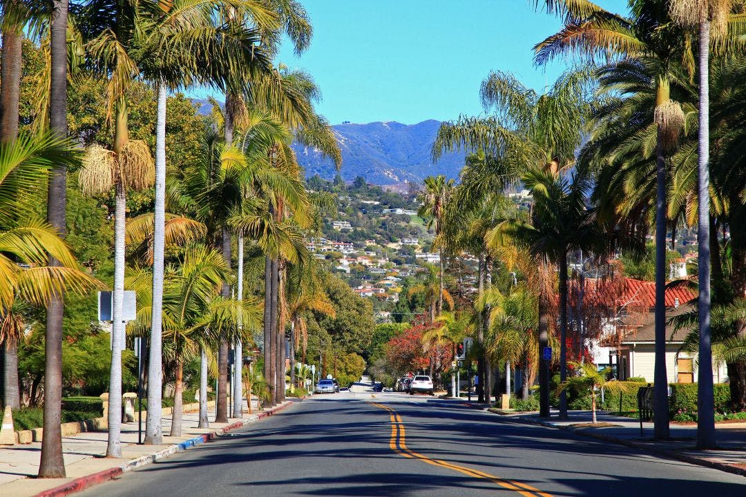 Historic E Figueroa Street at Anacapa Street near Santa Barbara County Courthouse with Santa Ynez Mountains at the background in historic downtown of Santa Barbara, California CA 5 Late-Summer Motorcycle Getaways to Maximize The Season
