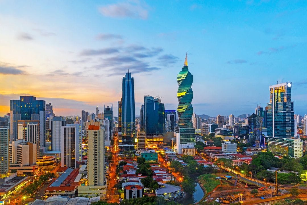 The skyline of Panama City with its skyscrapers in the financial district at sunset Panama Thunder Beach Fall Motorcycle Rally 2025 Info - Oct 22-26
