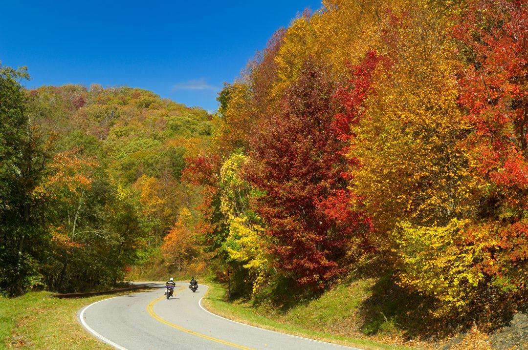 motocyclists on cherohala skyway during autumn fall Best Motorcycle Rides in North Carolina