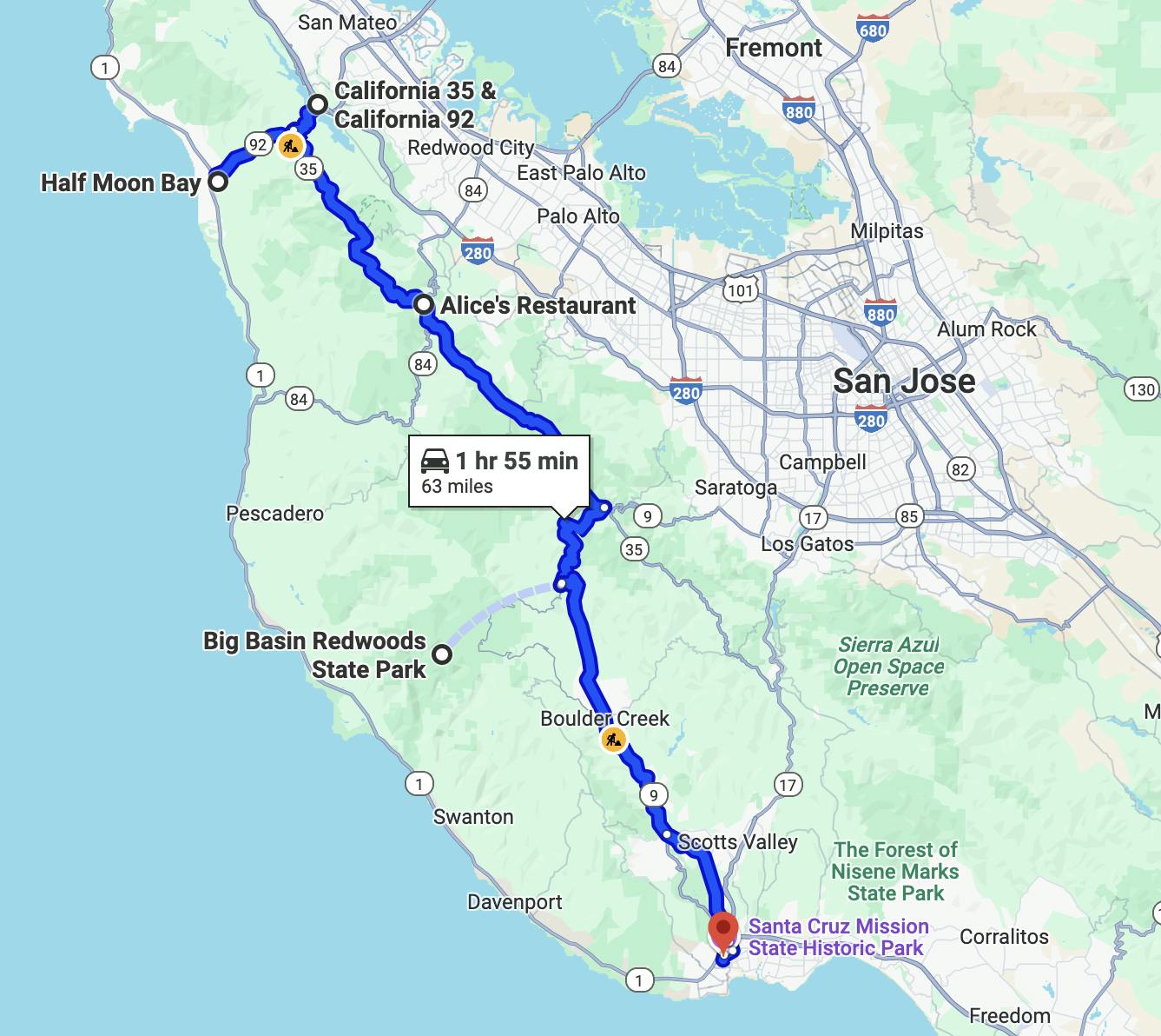 map of san jose bay area motorcycle roads - Half Moon Bay to Santa Cruz
