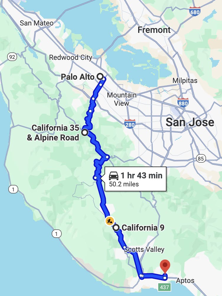 map of san jose bay area motorcycle roads - Palo Alto to Soquel